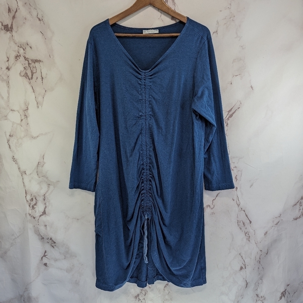 Bryn Walker Tunic Womens Large Blue Ruched Shirt Dress Long Sleeve Bamboo
